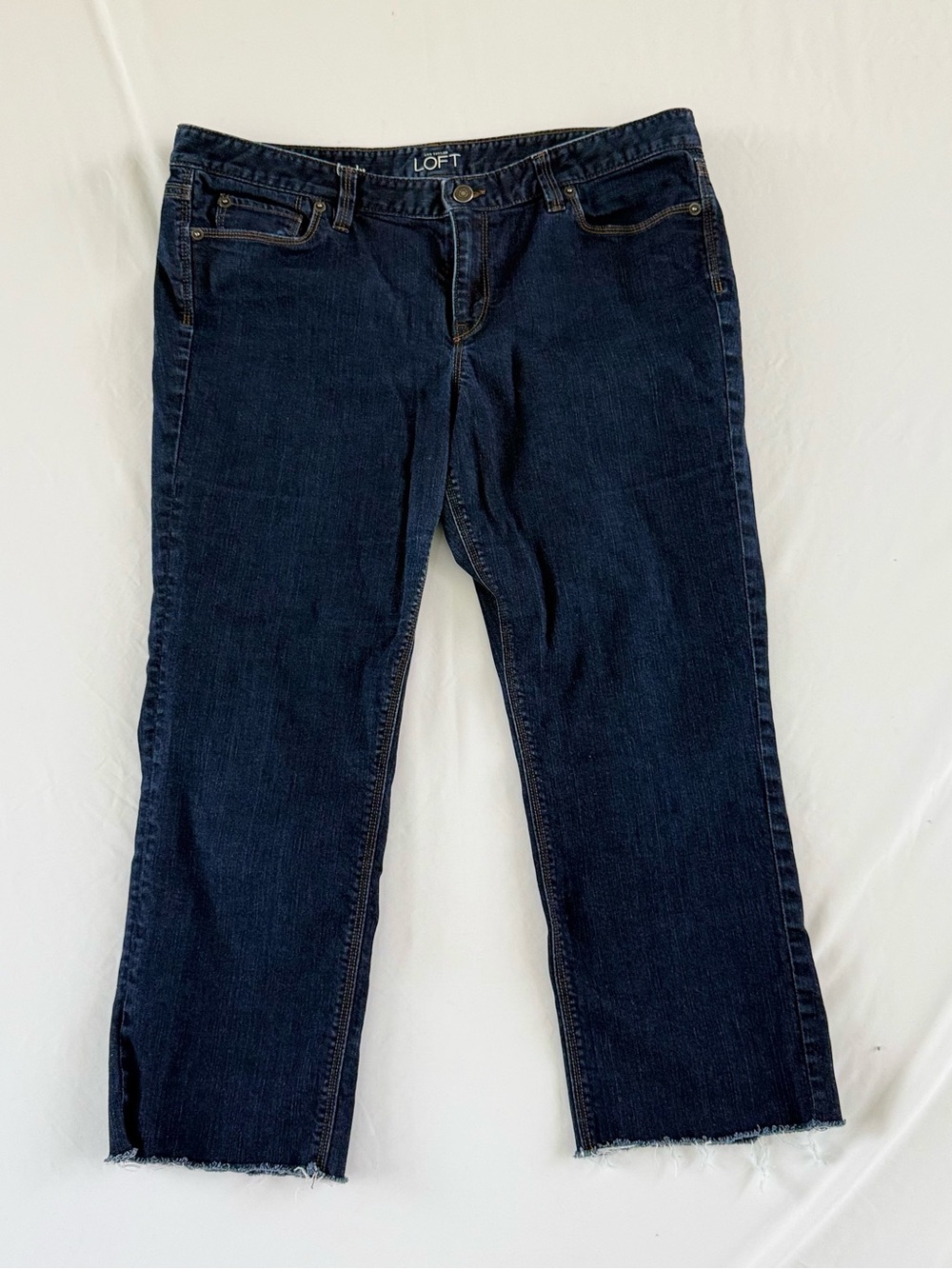 Loft Modern Straight Jeans Womens 14 Dark Wash Raw Frayed Hem Cropped Denim